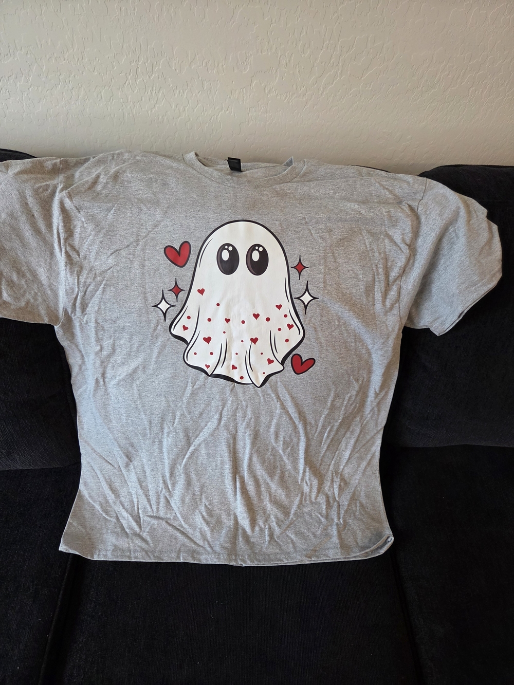 Gildan Gray Tee with Cute Ghost and Red Hearts